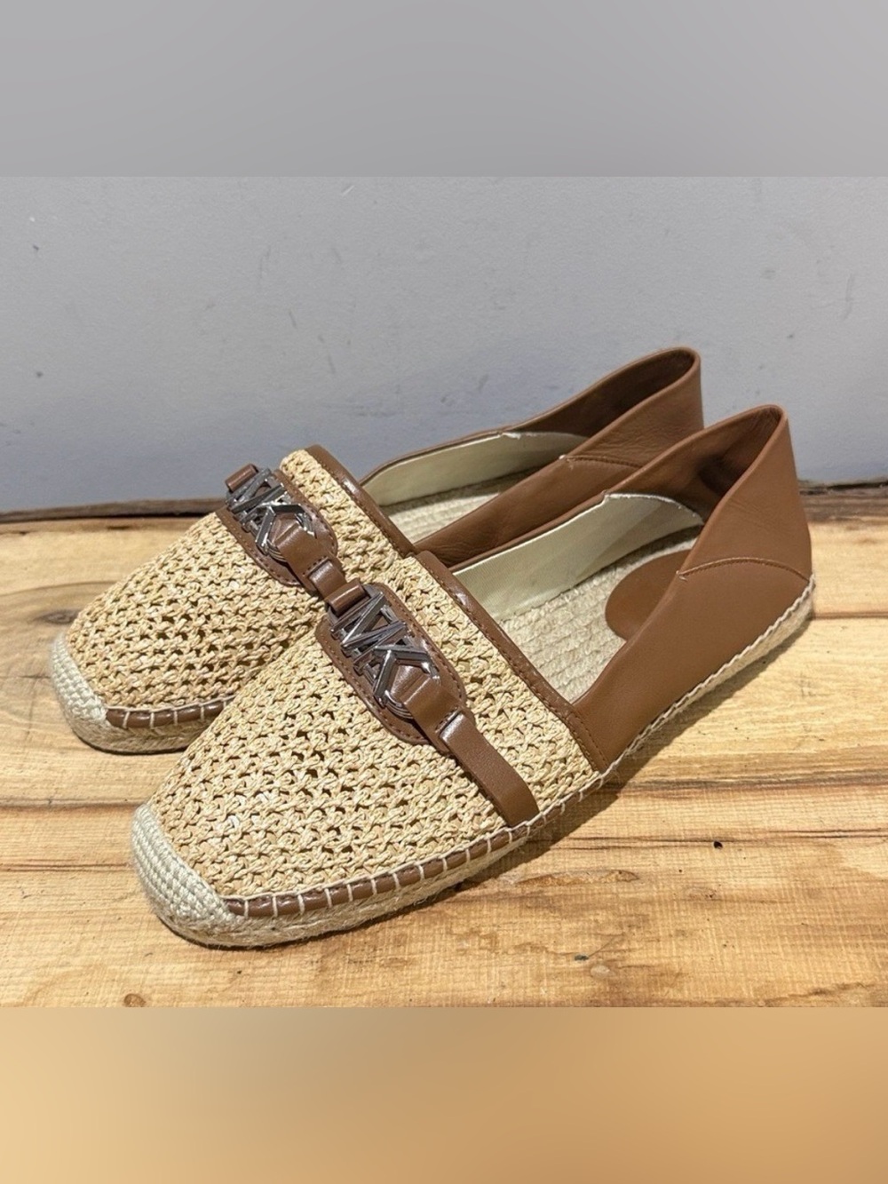 Michael Kors Tan Woven Espadrille Loafers with Silver MK Hardware